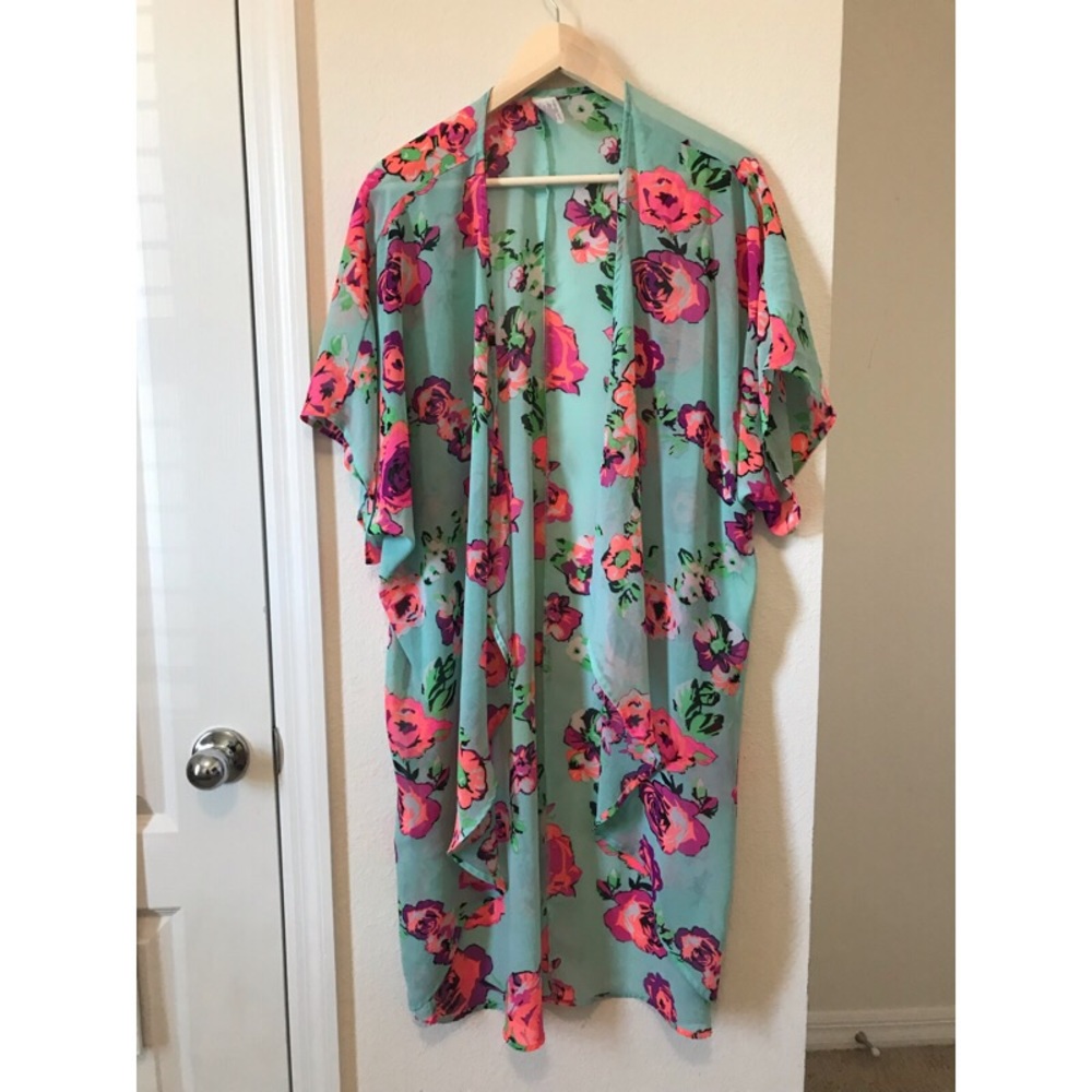 Teal and neon pink beach cover up